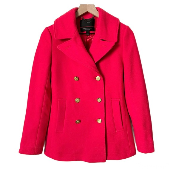 J.Crew Stadium Cloth Wool Majesty Pea Coat Red Gold Crest Buttons 49360 Size 2 - Picture 2 of 7